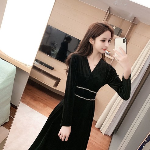 KORELAN 벨벳 원피스 롱 추동 레트로 궁중 헵번 미니 블랙 스커트 겨울 스커트