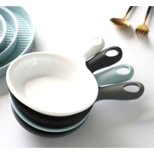 [4p SET] 국산 먹방용 손잡이 접시 먹방 앞접시 손잡이 라면 그릇 숟가락 모양 접시, 그레이2p+스카이블루2p