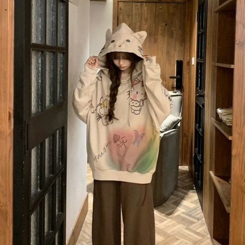 산리오 헬로 키티 코튼 스위트 카툰 후드 오버핏 캠퍼스 의류 그라데이션 트렌드 상의 가을 겨울 CP2463307