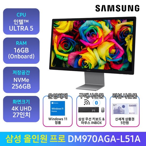 삼성전자 삼성 올인원프로 DM970AGA-L51A 일체형PC 올인원PC, 인텔ULTRA5/RAM16GB/NVMe256GB, 선택없음, NVMe 512GB추가, 16GB