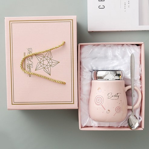 AHSUN 창의도자기 커피잔 550ML, 컵+뚜껑+숟가락+선물세트, 핑크색