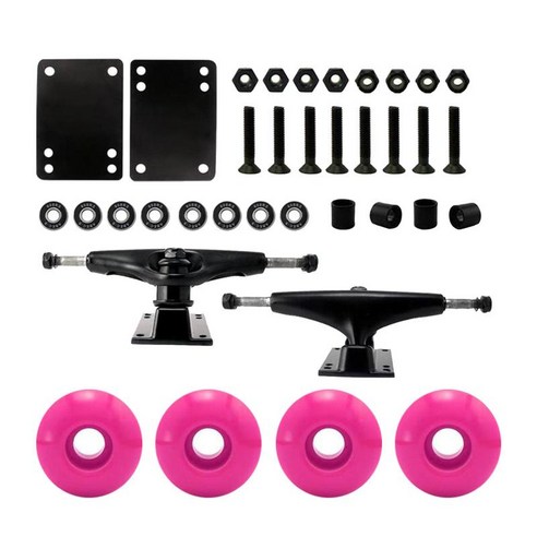 스케이트보드 패키지 52mm 휠 + 구성 요소가 있는 5인치 트럭 올드 스쿨 패턴과 뉴 스쿨 패턴 모두에 적합, 금속, 분홍색 바퀴