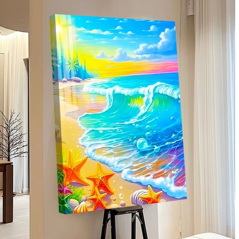 votgl 보석십자수 캔버스형 DIY 액자형 풍경 인물 꽃식물50x40cm, 027바다, 1개