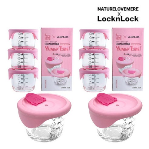 락앤락x네이쳐러브메레 야미타임 이유식용기 230ml 3P 세트 눈금 내열유리 원형 사각, 원형, 핑크, 2개