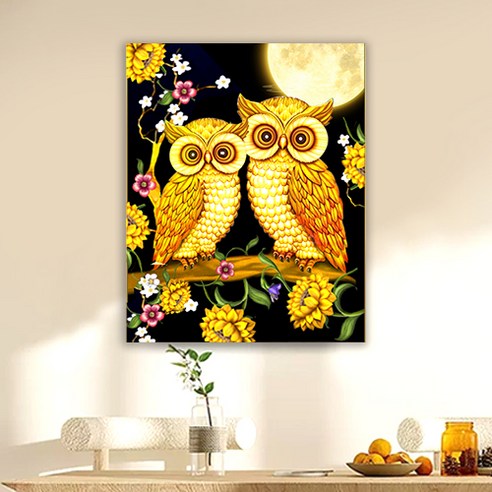 액자 캔버스형 보석십자수 DIY 키트 40 x 50 cm, SZX015.부엉이 커플