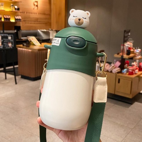 [LM] 500ml 곰 스티커 보온병 스테인레스 스틸 절연 뜨거운 음료 컵 밀짚 선물, Green