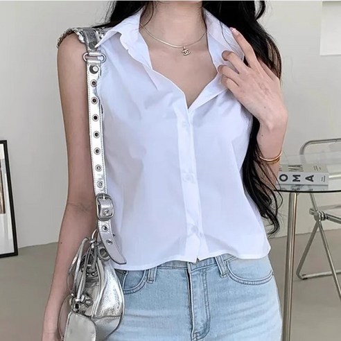 쪼예 데일리 카라넥 민소매 크롭 셔츠 블라우스