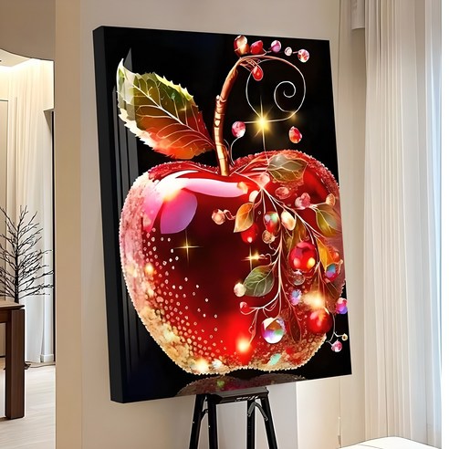 votgl 보석십자수 캔버스형 DIY 액자형 풍경 인물 꽃식물50x40cm, 017빨간 사과, 1개