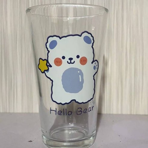 빨대 컵 여학생 한국판 ins풍 유리컵 가정용 뚜껑 휴대용 우유컵 소녀심 물컵 실크 프린트 곰 싱글컵, 화투 별곰 단배