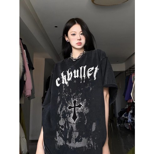 230g 구제워싱 아메리칸 빈티지 오버사이즈 워싱 반팔티셔츠 여하 루즈핏 캐주얼 상의