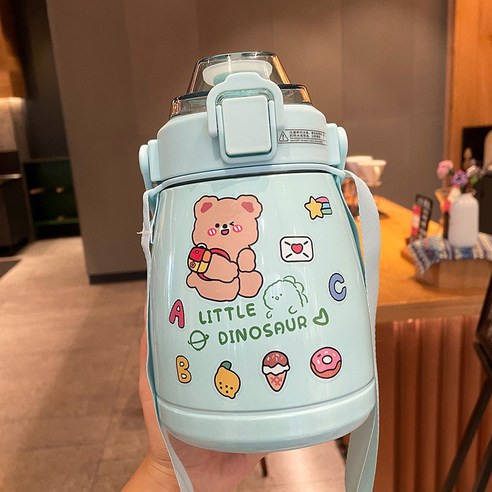 배 컵 ins 고안치 보온컵 여자 물컵 대용량 빨대 휴대용 주전자, [녹색] + 랜덤 스티커 + 랜덤 액세서리, 1100ml