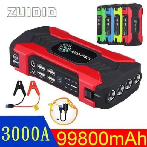 자동차 점프 스타터 휴대용 보조배터리 배터리 런처 부스터 기사 99800mAh 20000mAh 3000A 시동 장치, Red, 1개
