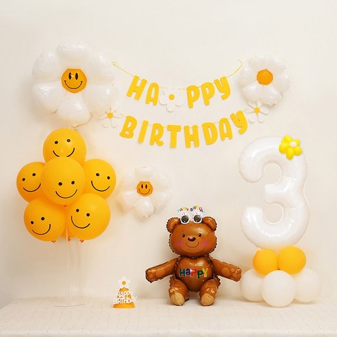 [피앤비유니티] 데이지곰돌이 가랜드형 생일풍선세트, 02-3)데이지곰돌이 가랜드형-브라운 숫자3, 1세트