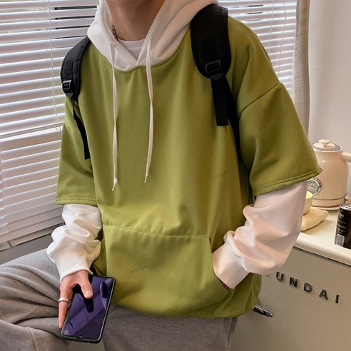 가을 겨울 양털 안감 홍콩 스타일 가짜 투피스 스웨터 자 한국 스타일 가을 탑 잘 생긴 유행 브랜드 후드 코트