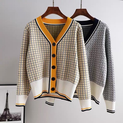 KORELAN 스웨터 카디건빈티지 무늬 셔츠 소매 조인트 니트