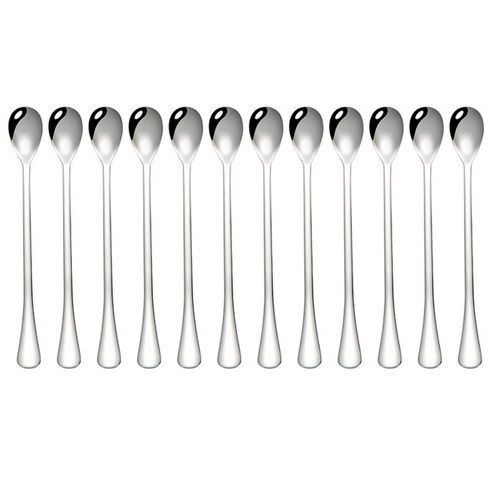 노 브랜드 12 Pcs 긴 손잡이 믹싱 스푼 한국 아이스크림 차 커피 디저트 주방 식기 용품, 은