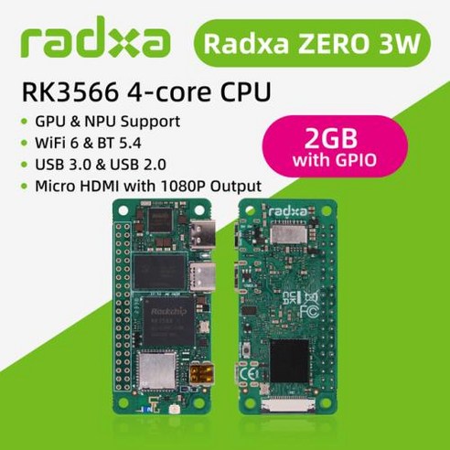 Radxa ZERO 싱글 보드 컴퓨터 4 코어 CPU SBC GPU NPU HDMI 1080P 출력 WiFi 6 BT 54 3W 2GB RK3566, 3W 2GB with GPIO