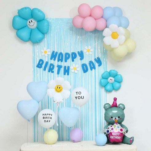 [피앤비유니티]스마일데이지 풍선스탠드 생일장식커튼세트 펌프포함, 1세트, 45)생일곰돌이대블루커튼세트