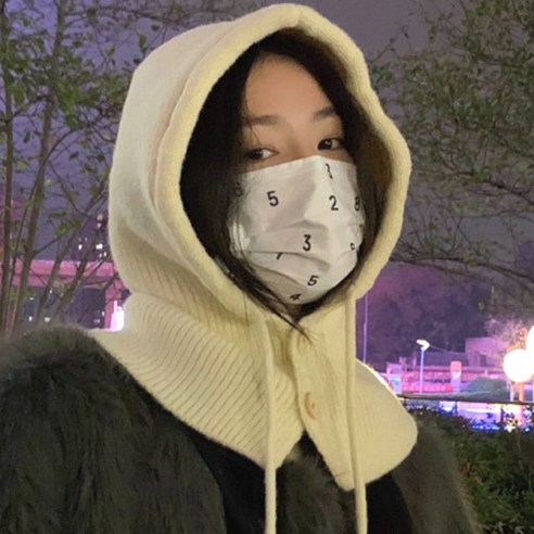 겨울 니트 바라클라바 후드 넥워머 스키장모자 털모자, 크림