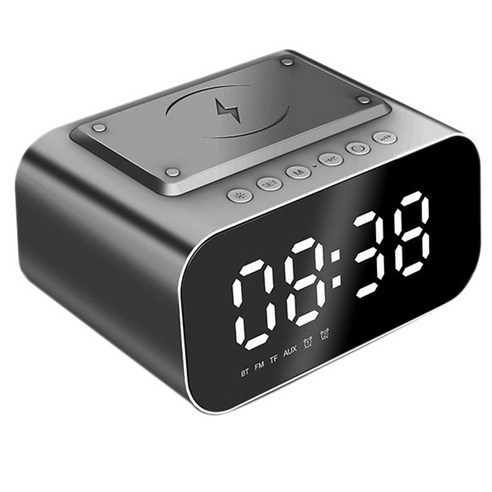 Deoxygene 다기능 블루투스 5.0 LED 스피커 디지털 데스크탑 알람 시계(무선 충전 포함) FM 라디오 음악 플레이어, 티타늄 블랙