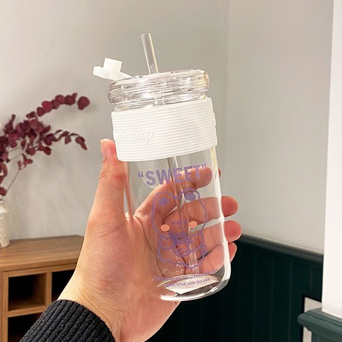 DFMEI 밀짚 유리 고온 커플 물 컵 여성용 핸드 컵, DFMEI 달콤한 곰, 400ml