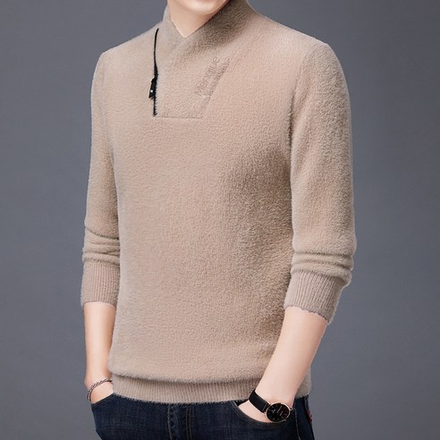 Mao겨울 밍크 벨벳 남성 스웨터 넥 풀오버 비스듬한 지퍼 패션 한국어 스타일 두꺼운 따뜻한 스웨터