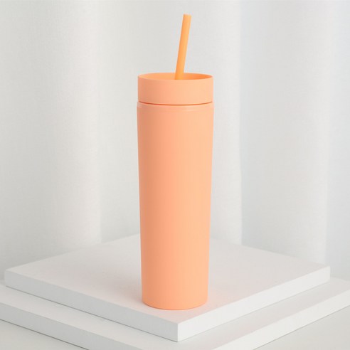 KORELAN 16oz 이중 플라스틱 직통 컵 고무 페인트 직신 빨대 컵 대용량 냉음료 핸드컵, 등황색
