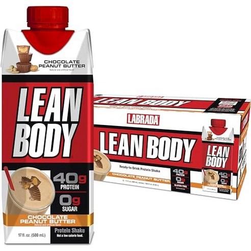 Labrada Lean Body Ready-to-Drink Chocolate Shake Labrada 린 바디 레디 투 드링크 초콜릿 셰이크 단백질 20g 유청 블렌드 무, 초콜릿 땅콩 버터, 17 Fl Oz (12팩), 12개