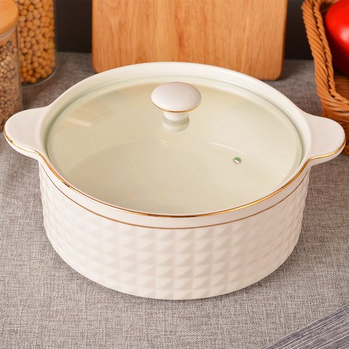 홈 바이노럴 세라믹 수프 둥지 창조적 인 스튜 컵 순수한 흰색 대용량 쌀 수프 그릇 수프 분지 전자 레인지, 1800ML 프놈펜 체크 무늬 릴리프 (유리 커버)