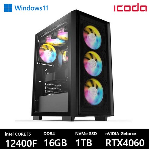 ICODA 게이밍 조립PC 발로란트/오버워치/피파/배그, i5-12400F/RTX4060, WIN11 Home, 1TB, 16GB, 블랙