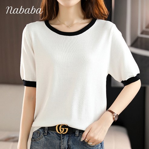 룩플레인 시원한 여름 린넨 반팔 니트 카라 티셔츠 7color 폴로반팔니트 10 나바바 NK1388 여성 캐주얼 심플 데일리 배색 반팔 니트티