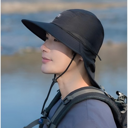 랏츠오브 와이드챙 자외선차단 버킷햇 넥커버 모자, 블랙