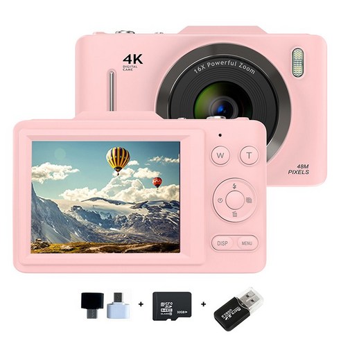 RUN기술 하이엔드 미니 디지털 카메라 2.8 inch+64G메모리카드+카드 리더기, 핑크