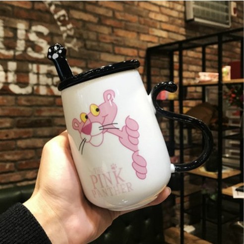 아이디어 한국판 고양이 도자기 컵 커플 학생 개성 물컵 우유컵 머그컵 대용량 사무실, 핑크 팬더, 401-500ml