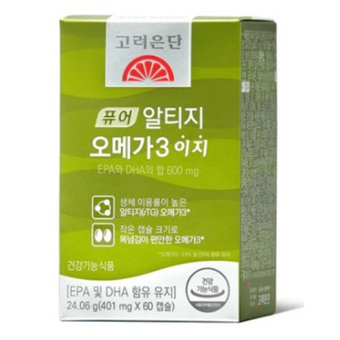 고려은단 퓨어 알티지 rTG 오메가3는 심혈관 건강, 염증 감소, 뇌 기능 향상에 도움을 주는 고품질 오메가3 제품입니다.