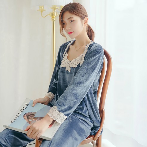 말랑마쥬 로즈레이스 벨벳파자마 로브가운 3세트잠옷