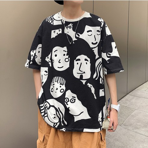 EFMEI 빈티지 인쇄 5 포인트 슬리브 티셔츠 남성 트렌드 여름 조수 힙합 느슨한 반팔 바디 셔츠 탑
