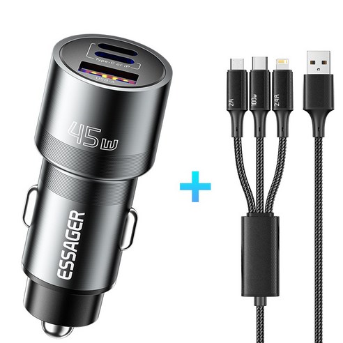 Essager 45W 3포트 C타입+USB A+라이트닝 차량용 시거잭 자동차 고속 충전기, 그레이
