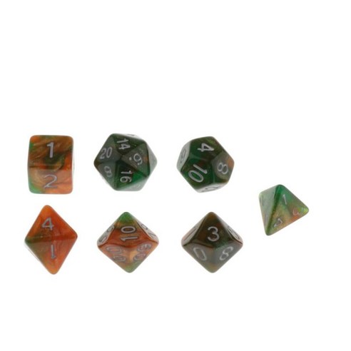 롤 플레잉 게임 D&D 및 수학 교육을 위한 7개 다면체 주사위 세트 - 색상, 녹색 오렌지, 10-25mm, 플라스틱