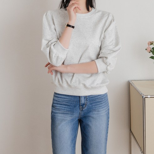 데일리 셔링 퍼프 여성 7부 맨투맨 티