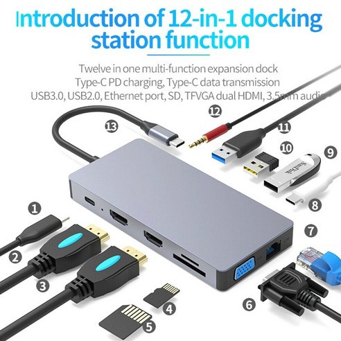 USB C 허브 12 멀티 포트 4K HDMI 출력 3 개의 USB 포트 카드 리더 VGA 오디오 포트, 하나, 은