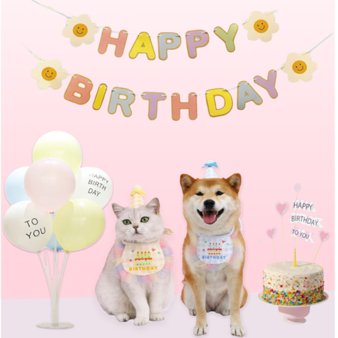 플라이업 강아지 고양이 생일 파티 풀세트 케이프+모자+가랜드+풍선, 핑크