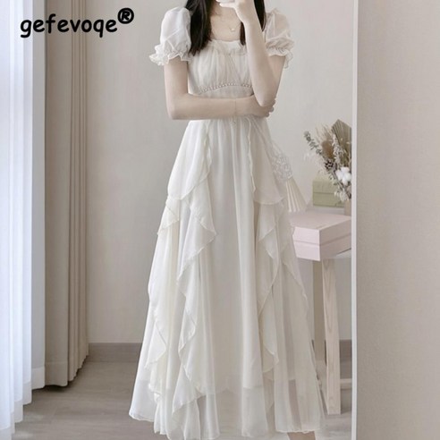 여성용 비즈 프릴 스위트 페어리 시크 화이트 우아한 드레스 여름 트렌디 스퀘어 칼라 반팔 하이 웨이스트 슬림 미디 드레스