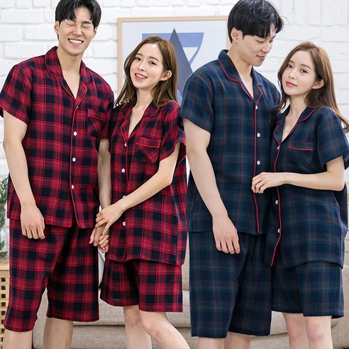 이라인 거즈면 로얄체크 반팔 순면 커플잠옷
