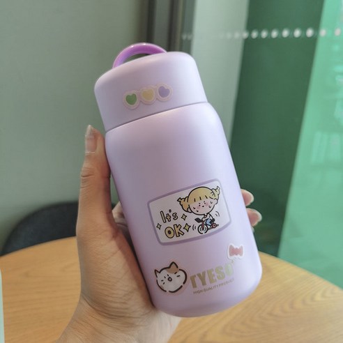 스테인리스 물 컵 간단한 모리 스타일 보온병 여성 하라주쿠 스타일 학생 귀여운 간단한 소녀 컵, 260 Ml 보라색, 싱글 컵 + t 스티커