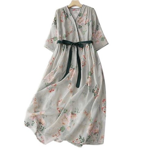 Kamoda 여름 휴양지원피스 루즈핏 플라워 빅사이즈 허리 조임 롱 모시 원피스, 2XL
