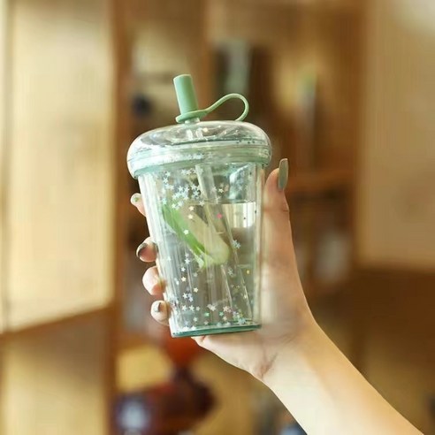 플라스틱 더블 레이어 투명 도넛 투명 우유 차 sipette 컵, 320ML, 육군 녹색