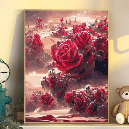 FONOW 보석십자수 diy장미꽃 풍경 액자 세트40*30cm 집에서할수있는취미, 1세트, 열정이 불같다