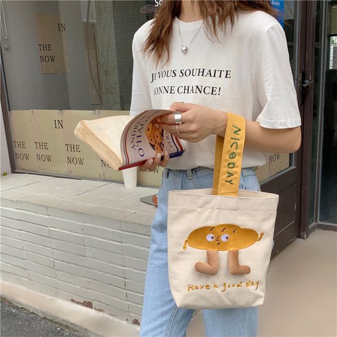 【핸드백】작은 흰색 토끼 휴대용 캔버스 가방 및 통근 스낵 가방 엄마 가방 귀여운 학생 점심 가방