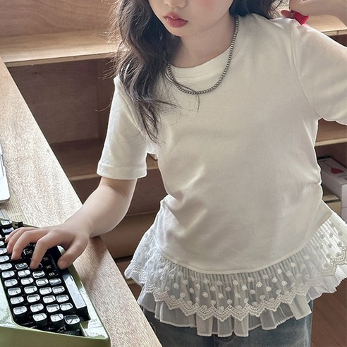 델루비오 여아 밑단 레이스 자수 프릴 데일리 무지 라운드넥 반팔 티셔츠
